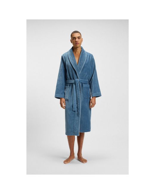 Boss Blue Cotton Dressing Gown With Piping And Embroidered Branding for men