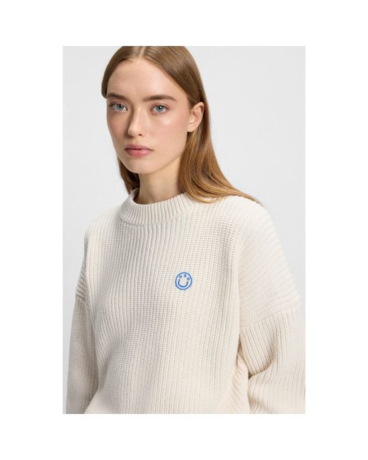 HUGO White Relaxed-Fit Sweater With Happy Patch