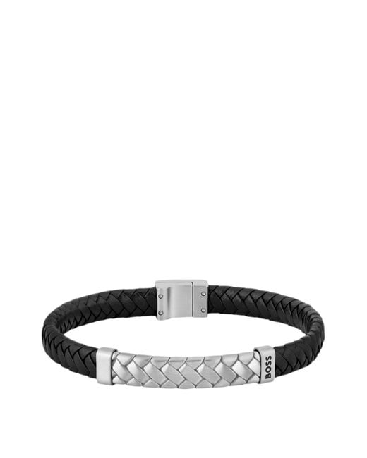 Boss Schwarzes Armband Aus Geflochtenem Leder Mit Fischgrätmuster Auf Dem Metall-Detail in Black für Herren