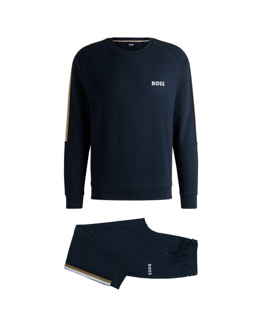 Boss Blue Cotton-Terry Pyjamas With Logos And Tape Details for men