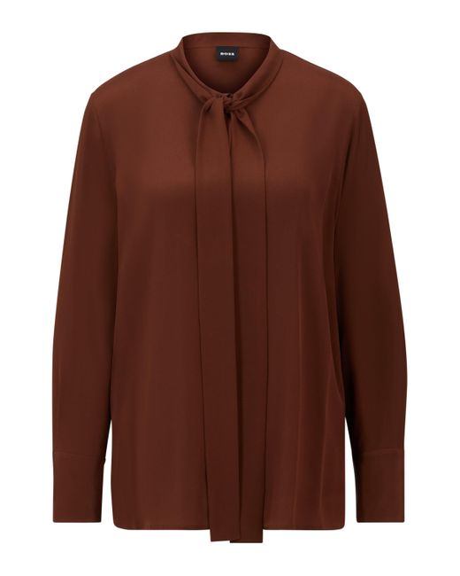 Boss Brown Relaxed-fit Blouse In Washed Silk With Tie Collar