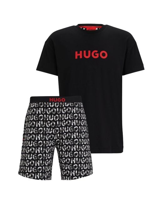 HUGO Black Stretch-cotton Pyjamas With Logo Details for men