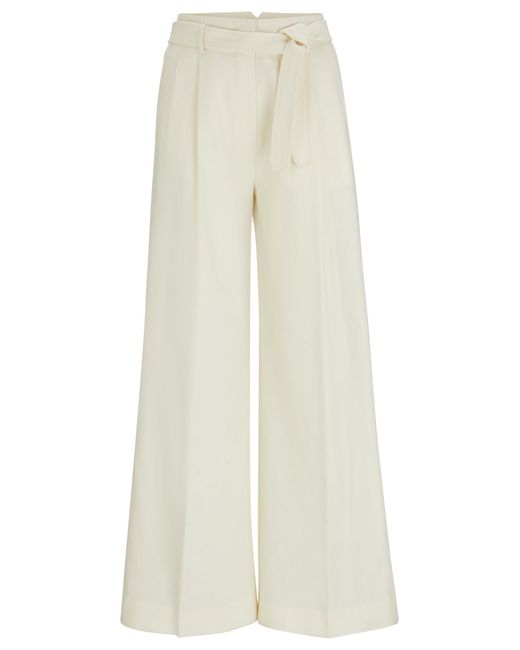 Boss White Wide-leg Trousers In Wool, Linen And Stretch
