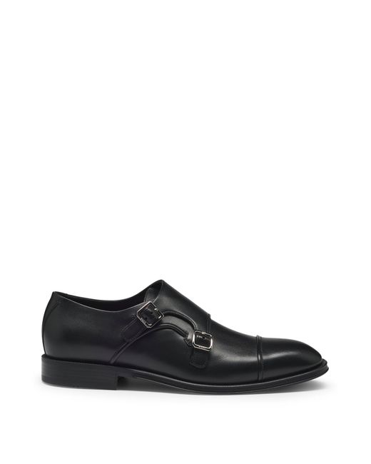 Boss Black Cap-toe Double Monk Shoes In Leather for men