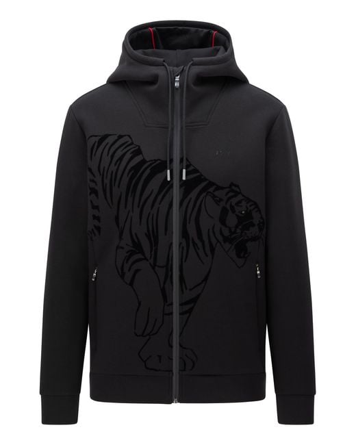 BOSS by Hugo Boss Black Zip-up Hooded Sweatshirt With Flock-print Tiger Artwork for men