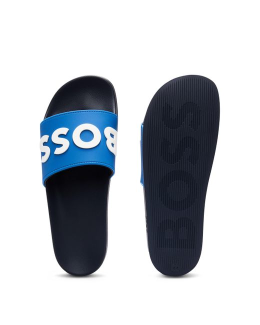 Boss Blue Italian-made Slides With Raised Logo for men