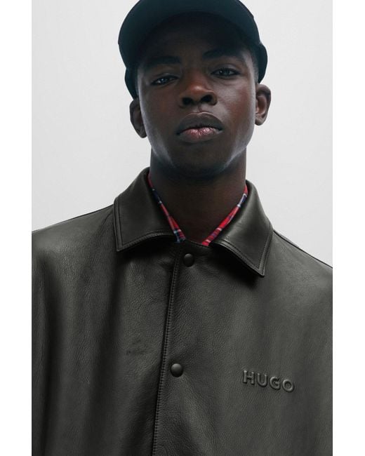 HUGO Black Leather Varsity Jacket With Oversized Embossed Logo for men
