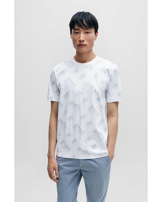 Boss White Monogram-jacquard T-shirt In Mercerized Stretch Cotton for men