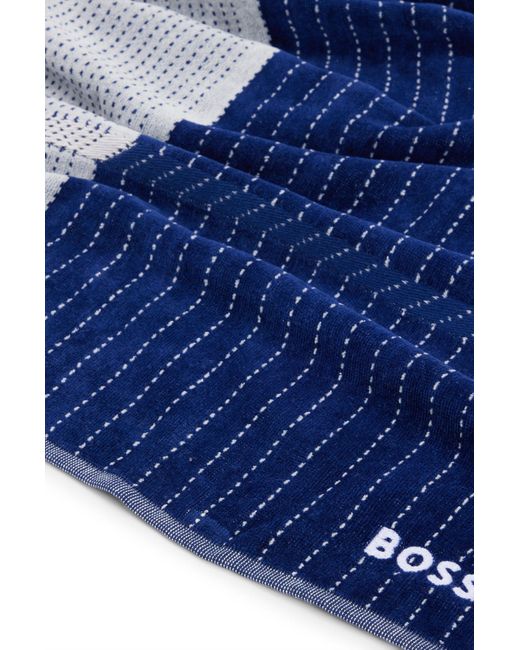 Boss Blue Cotton-velvet Hand Towel With Embroidered Details