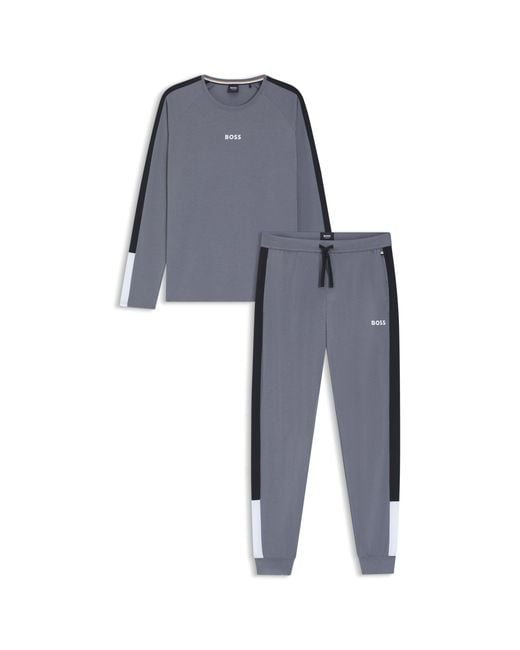 Boss Blue Cotton-Blend Pyjama Set With Contrast Inserts for men