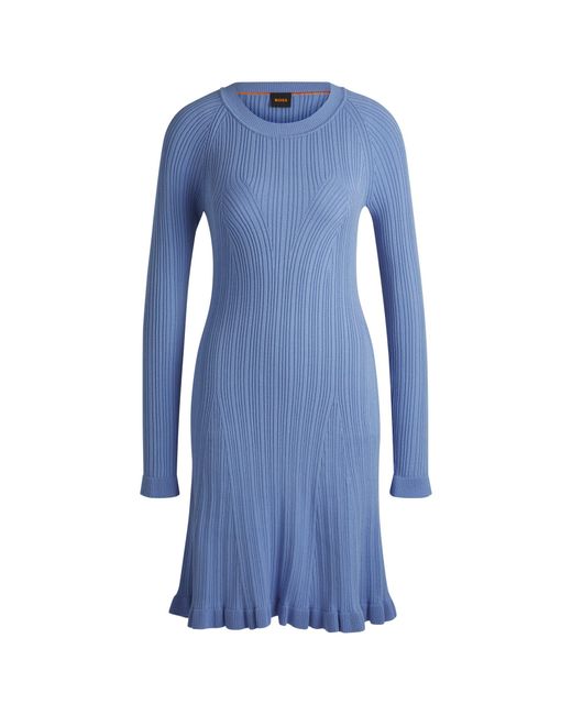 Boss Blue Long-Sleeved Knitted Dress With Ribbed Structure