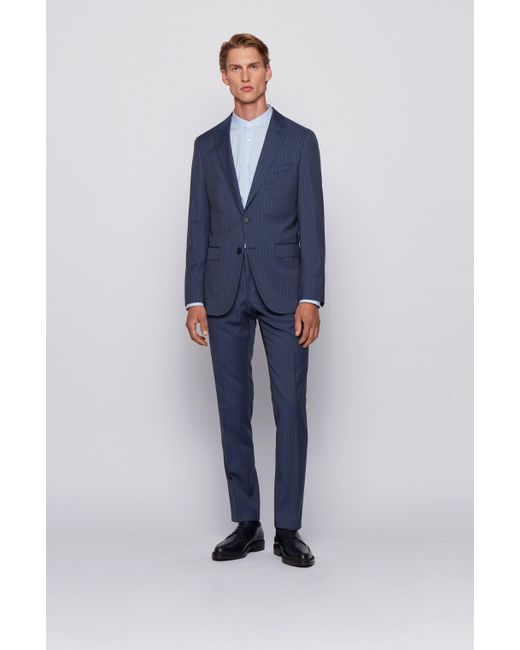 Blue BOSS by HUGO BOSS Slim-fit Suit In Pinstripe Virgin Wool in Dark Blue for Men Mens Clothing Suits 
