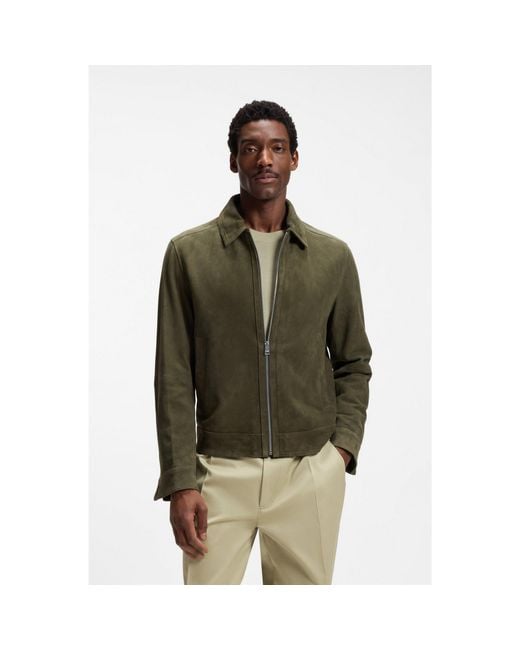 Boss Green Suede Leather Jacket With Zip Closure for men