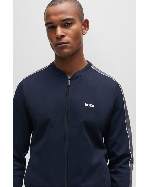 Boss Blue Cotton-blend Zip-up Jacket With Embroidered Logo for men