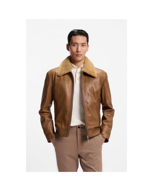Boss Brown Padded Nappa-Leather Jacket With Detachable Shearling Collar for men