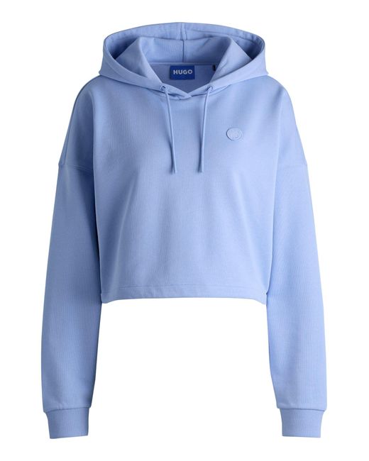 HUGO Blue Cropped Cotton-terry Hoodie With Smiley Logo Badge