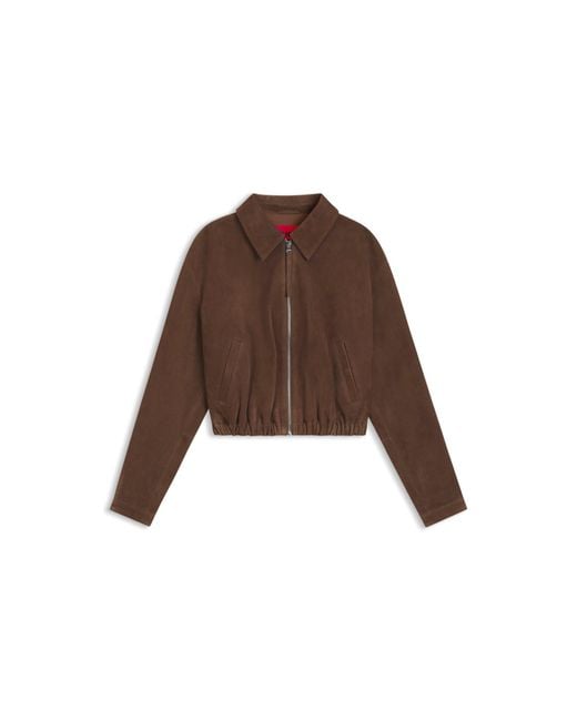 HUGO Brown Suede Jacket With Gathered Hem