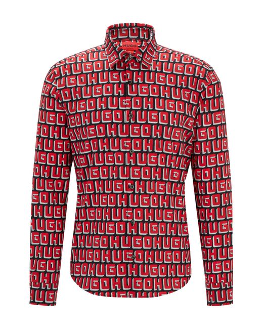 HUGO Red Slim-fit Shirt In Logo-print Stretch-cotton Poplin for men