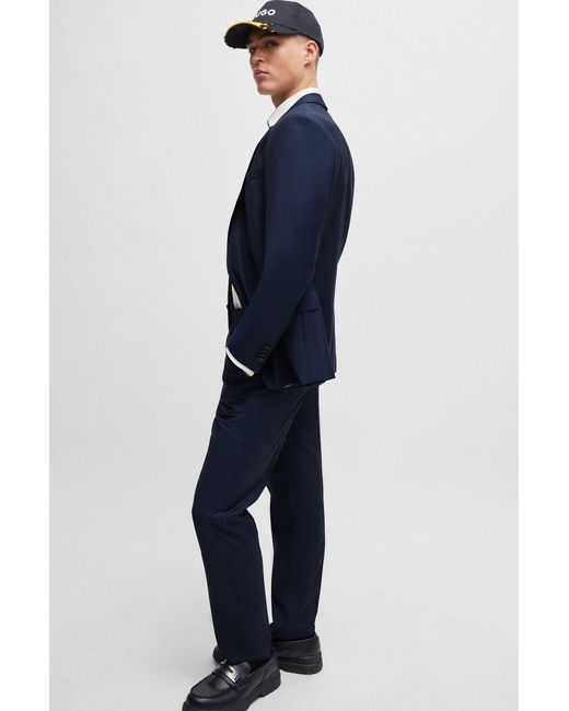 HUGO Blue Slim-fit Suit In Patterned Virgin-wool Canvas for men