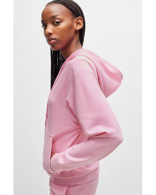 HUGO Pink Cotton-blend Zip-up Hoodie With Logo Waistband