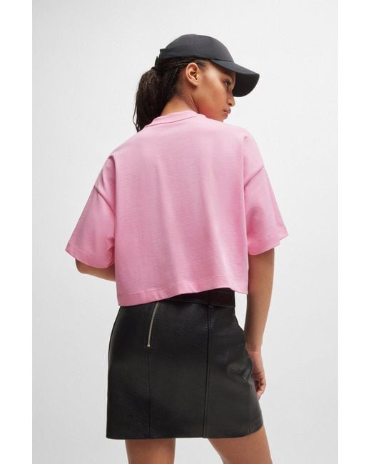 HUGO Pink Relaxed-fit Cropped T-shirt In Cotton With Stacked Logo