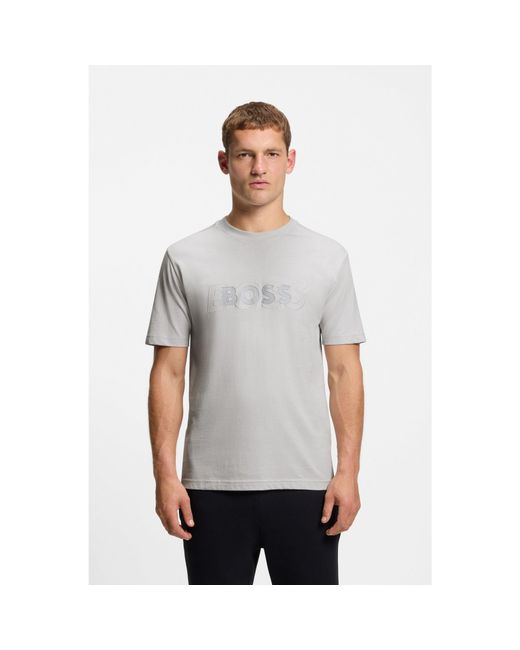 Boss Gray Cotton-Jersey T-Shirt With Double Logo Artwork for men