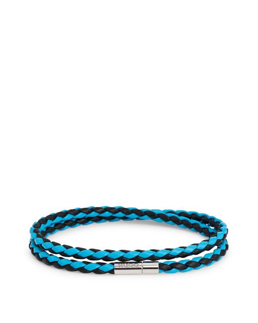 HUGO Blue Double-wrap Two-tone Cuff In Braided Italian Leather for men