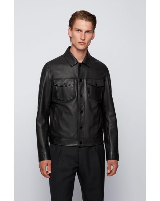 BOSS by Hugo Boss Black Trucker-style Leather Jacket With Detachable Lining for men