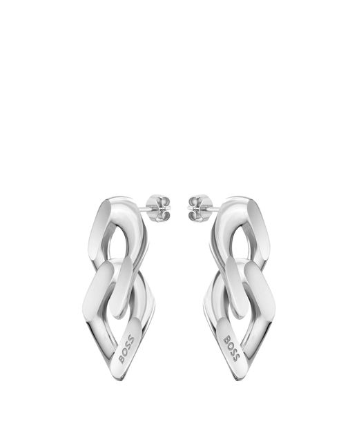 Boss White Silver-tone Earrings With Angled Branded Links