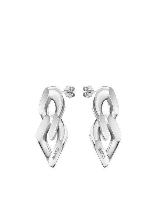 Boucles d'oreilles argentées à maillons biseautés et logotés Boss en coloris White