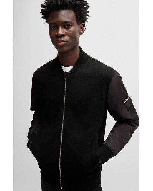 Boss Black Cotton-blend Zip-up Sweatshirt With Signature-stripe Detail for men