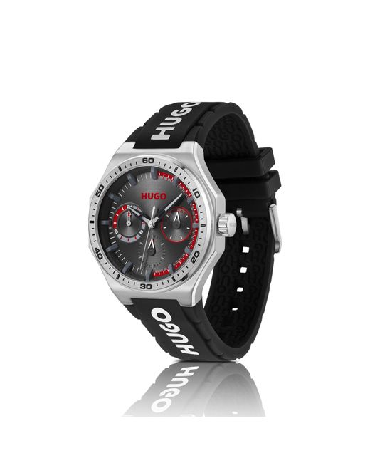 HUGO Black Tone Watch With Silicone Logo Strap for men