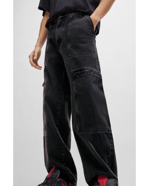 HUGO Loose-fit Jeans Van Zwart Denim Met Verstelbare Zomen in het Black voor heren