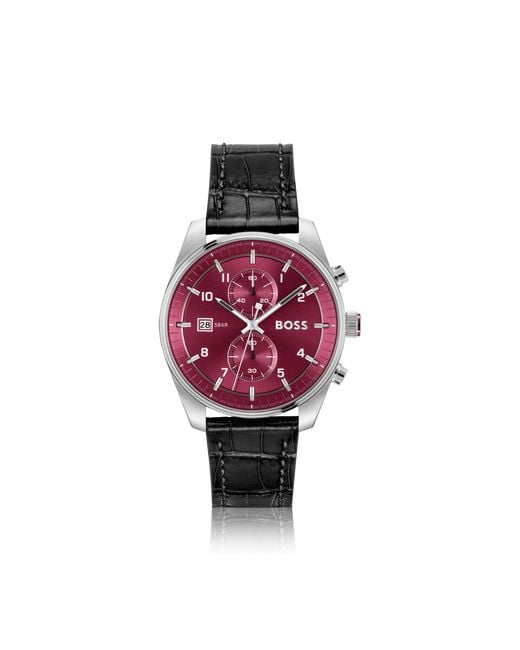 Boss Red Tone Chronograph Watch With Alligator-Emed Leather Strap for men