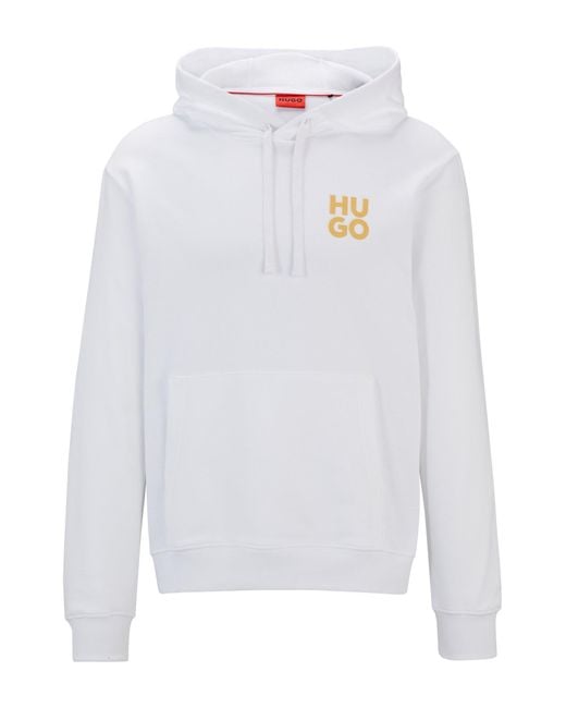 HUGO White Cotton-terry Hoodie With Stacked Logo Print for men