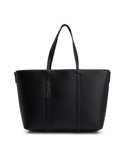 HUGO Black Shopper Bag In Faux Leather With Polished Logo Lettering