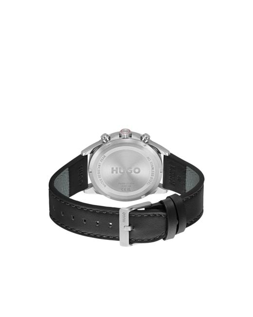 HUGO Black #Drift-Dial Watch With Leather Strap for men