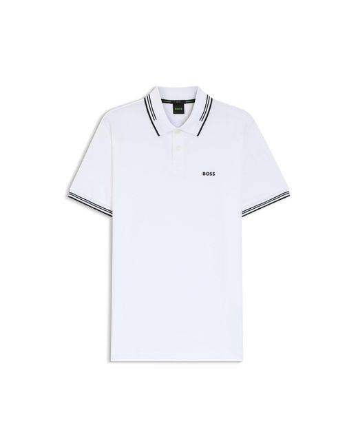 Boss White Stretch-Cotton Slim-Fit Polo Shirt With Branding for men