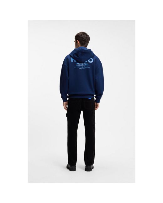 HUGO Blue Cotton-Terry Loose-Fit Hoodie With Logo Details for men