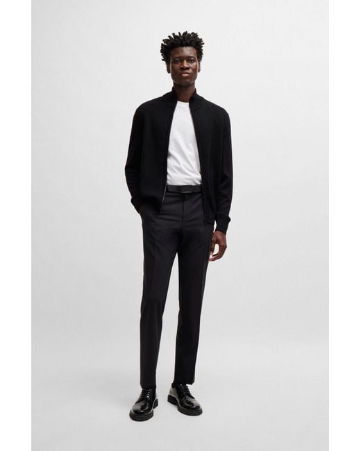 Boss Black Zip-up Cardigan In Virgin Wool With Mixed Structures for men