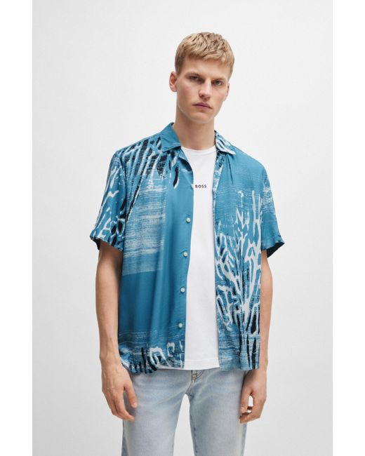 Boss Blue Regular-fit Shirt In Printed Twill With Camp Collar for men
