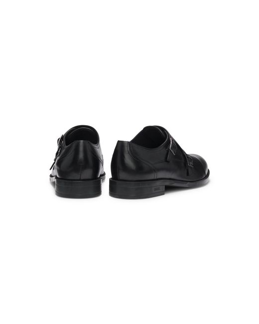 Boss Black Leather Monk Shoes With Double Strap for men