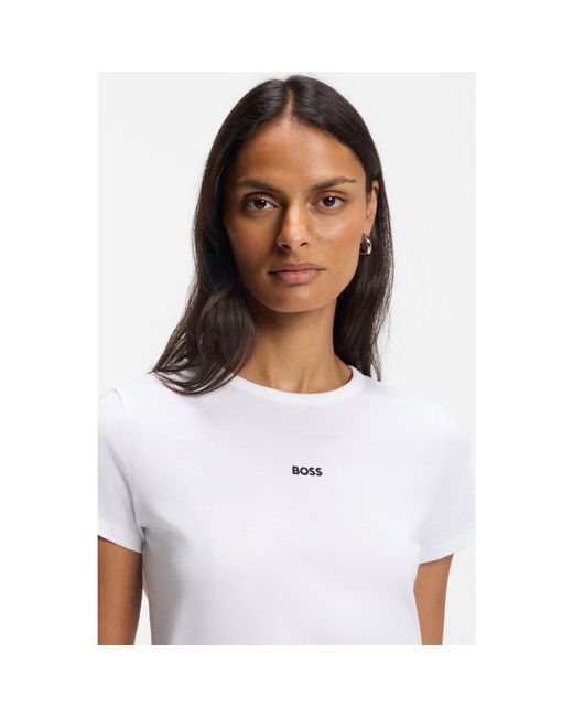Boss White Organic-Cotton Slim-Fit T-Shirt With Contrast Logo