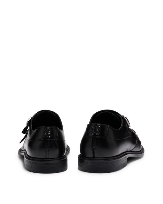 HUGO Black Double-monk Shoes In Leather With Logo for men