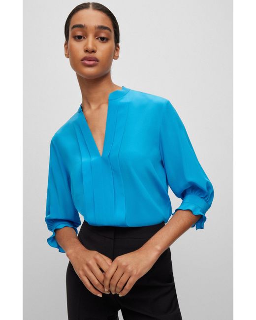 BOSS HUGO BOSS Regular-fit Blouse In Pure Silk With Front Blue | Lyst