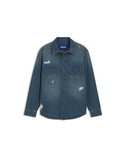 HUGO Blue Oversize-Fit Denim Overshirt With Paint Splashes for men