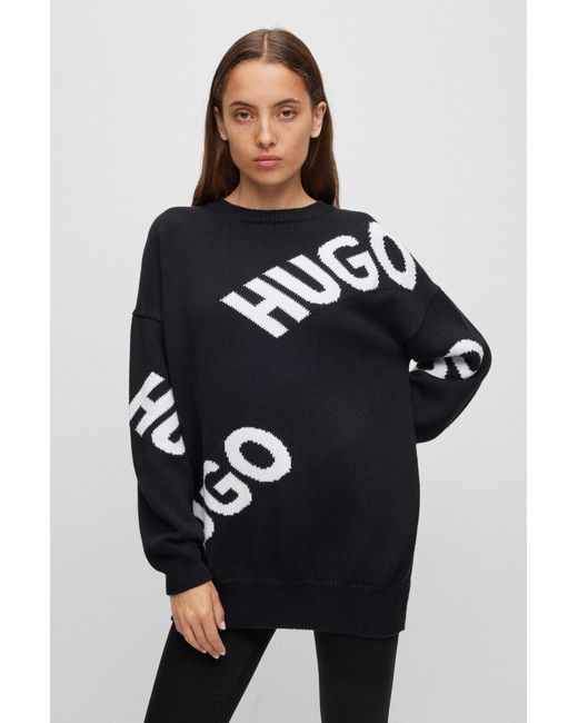 HUGO Black Logo-intarsia Sweater In An Organic-cotton Blend