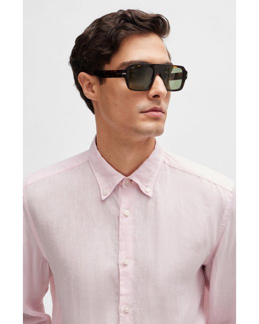 Chemise Regular Fit en lin avec col à pointes boutonnées Boss pour homme en coloris Pink