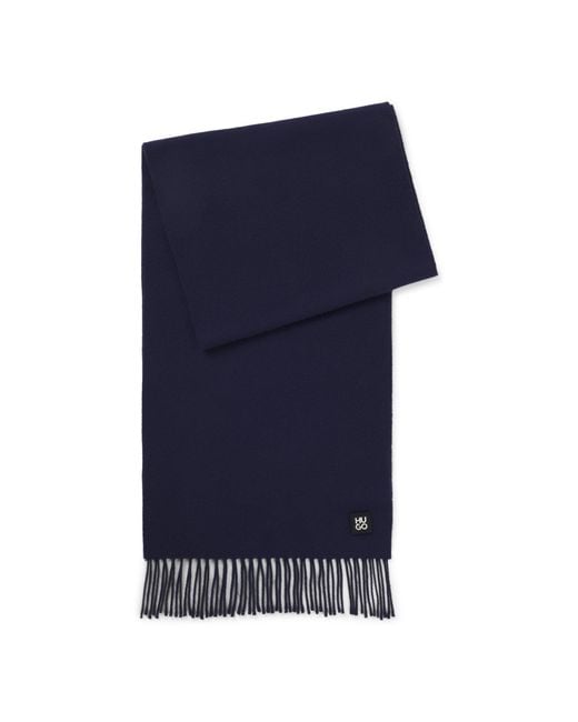 HUGO Blue Wool Scarf With Stacked-Logo Trim for men