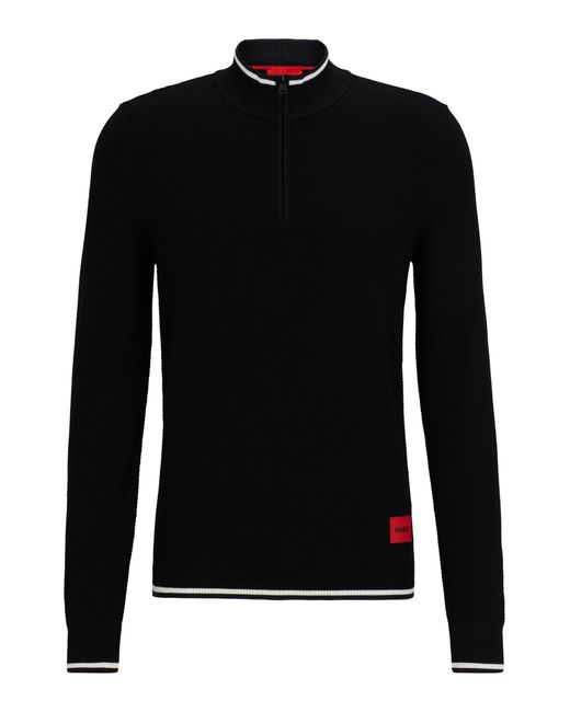 HUGO Black Zip-neck Sweater With Red Logo Label for men
